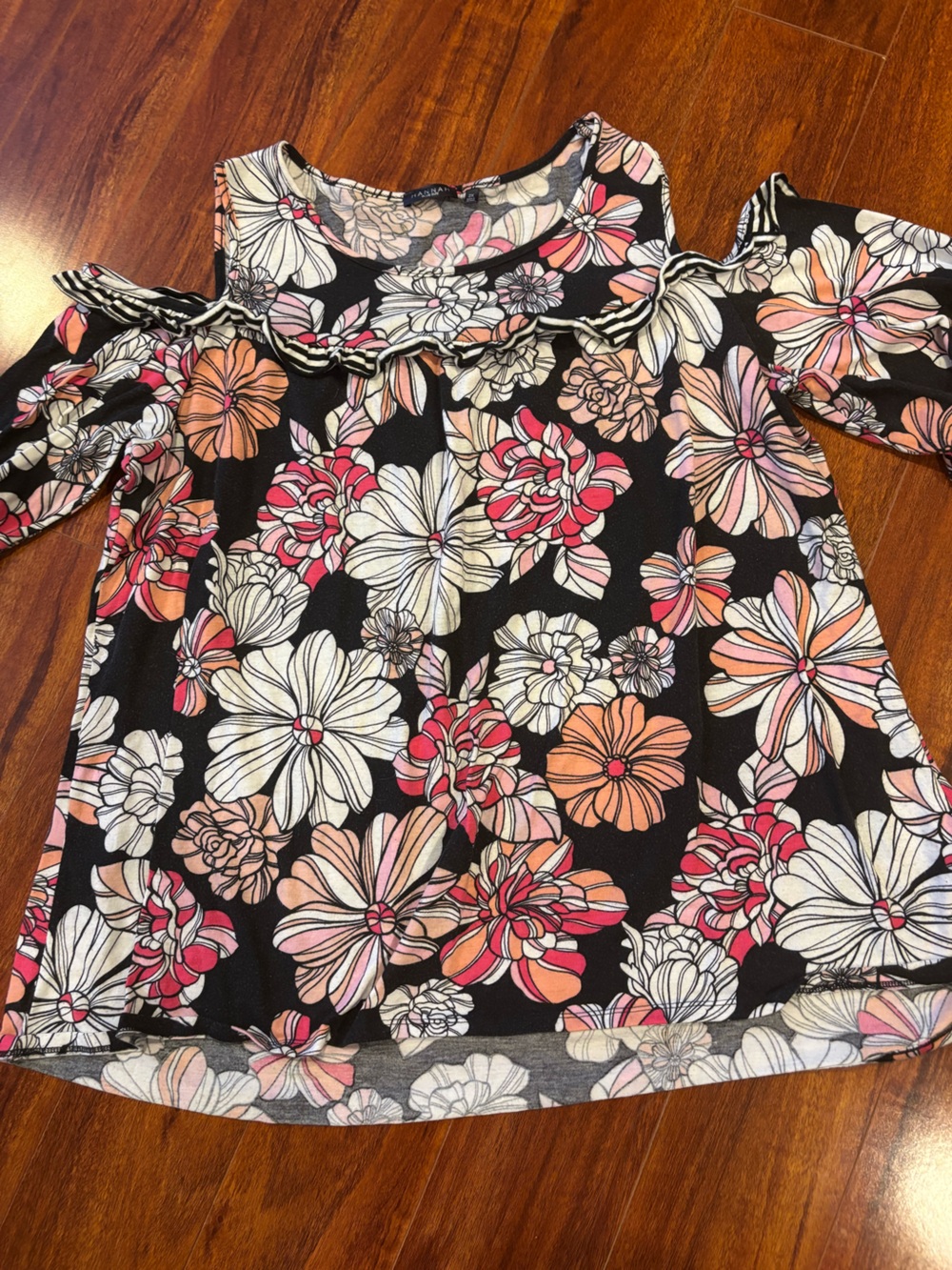 Hannah Black Floral Cold-Shoulder Top with Pink & Peach Blooms